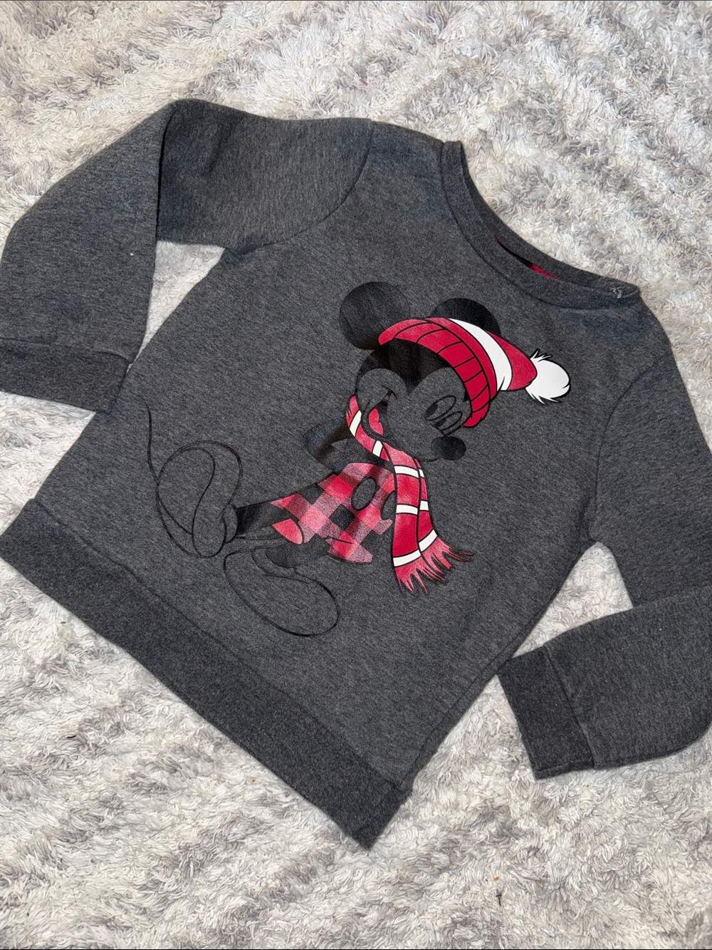 5T Joe Fresh Dark Gray Mickey Mouse Holiday Sweatshirt with Red Plaid Scarf